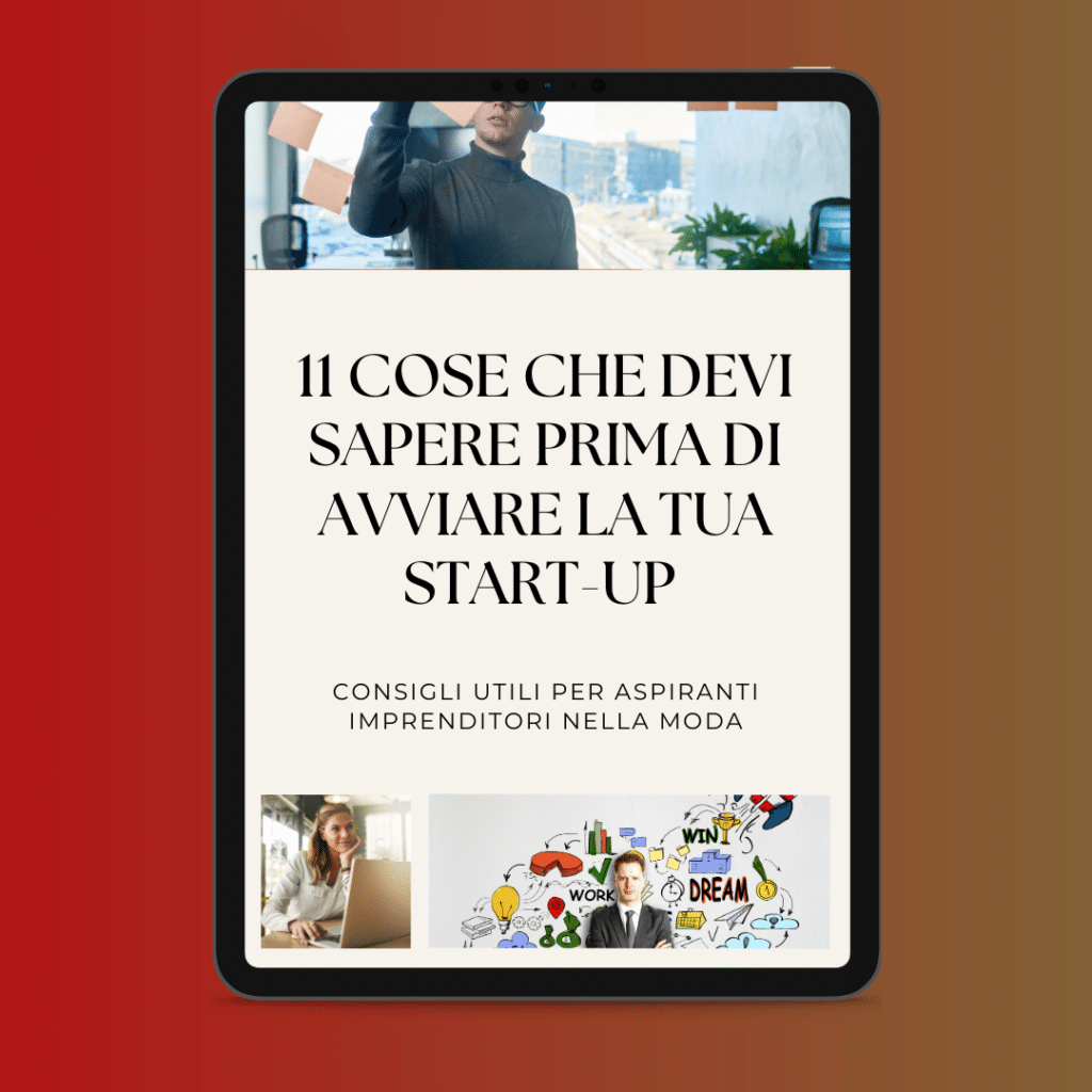 An iPad displaying an Italian text on start-up advice for aspiring fashion entrepreneurs, with images of a person, a woman in front of a laptop and a collage of colourful icons at the bottom, emphasises how to cope with the crisis while maintaining impeccable style.