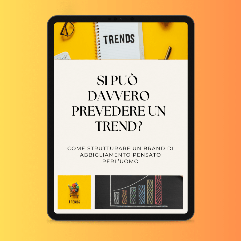 A digital tablet displays a text in Italian: "Can you really predict a trend?" against a shaded background. The screen shows a notebook with the word 'TREND' and some graphics, capturing the elegant essence of modern analysis amidst current trends.