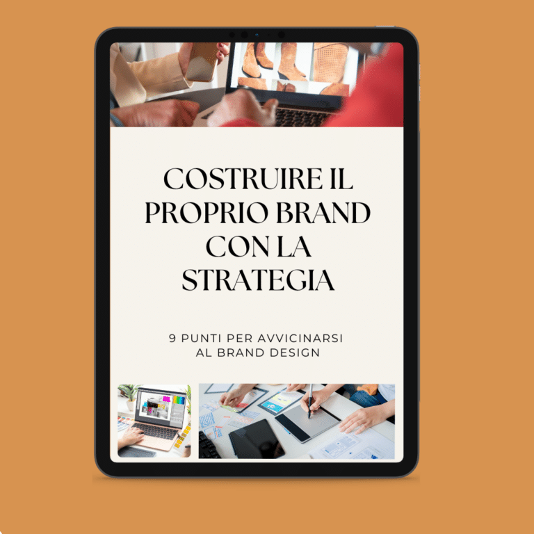 Tablet mit dem Cover eines Buches mit dem Titel "Building Your Brand with Strategy" und dem Untertitel "9 Points for Approaching Brand Design", das Bilder von Personen zeigt, die an Markendesign arbeiten und innovative Methoden diskutieren.