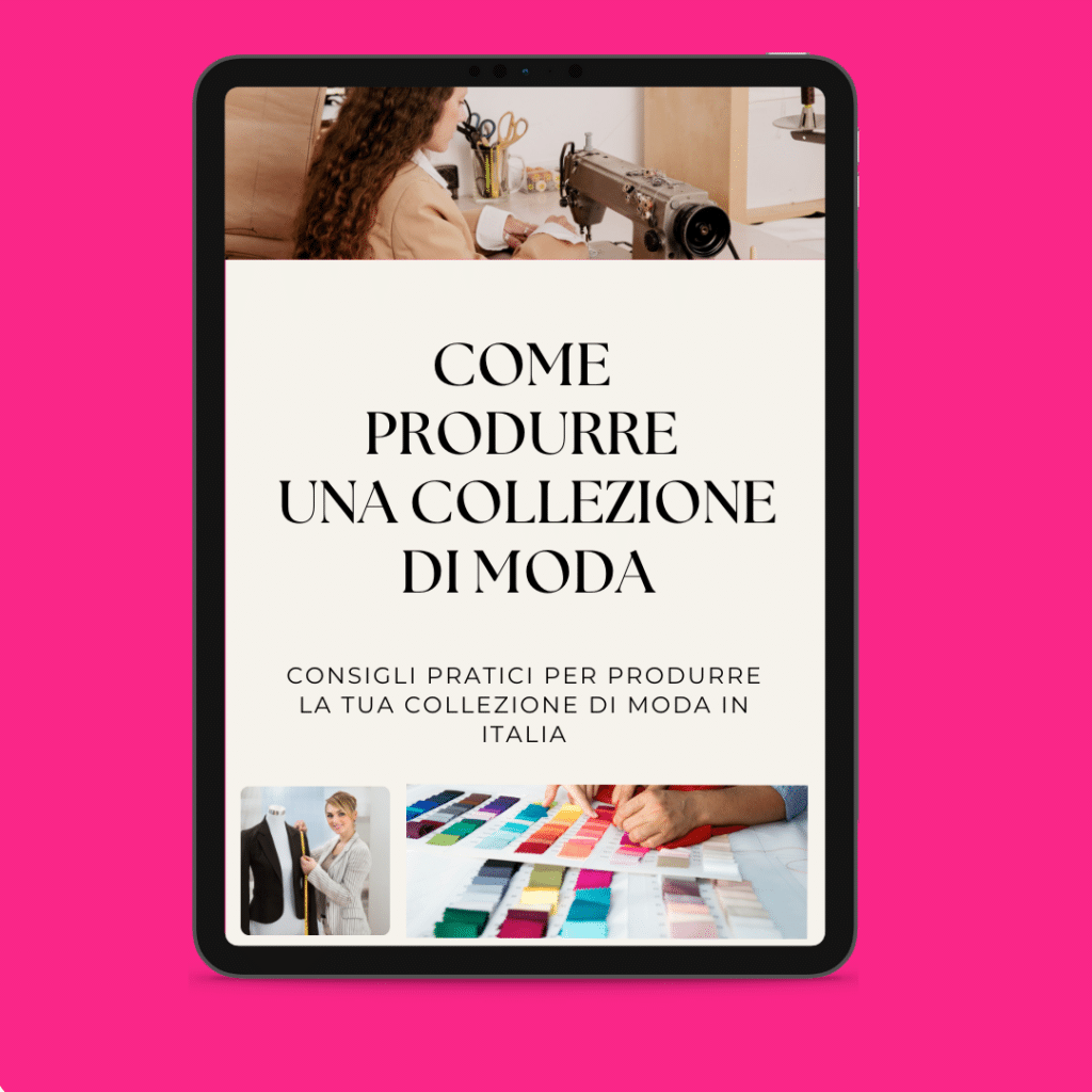 Tablet showing a guide on how to make a fashion collection in Italian, with pictures of a sewing machine, colour samples and a designer, using the best production methods.
