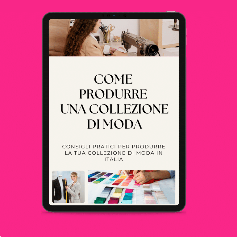 Tablette présentant un guide sur la création d'une collection de mode en italien, avec des photos d'une machine à coudre, des échantillons de couleurs et un styliste, en utilisant les meilleures méthodes de production.