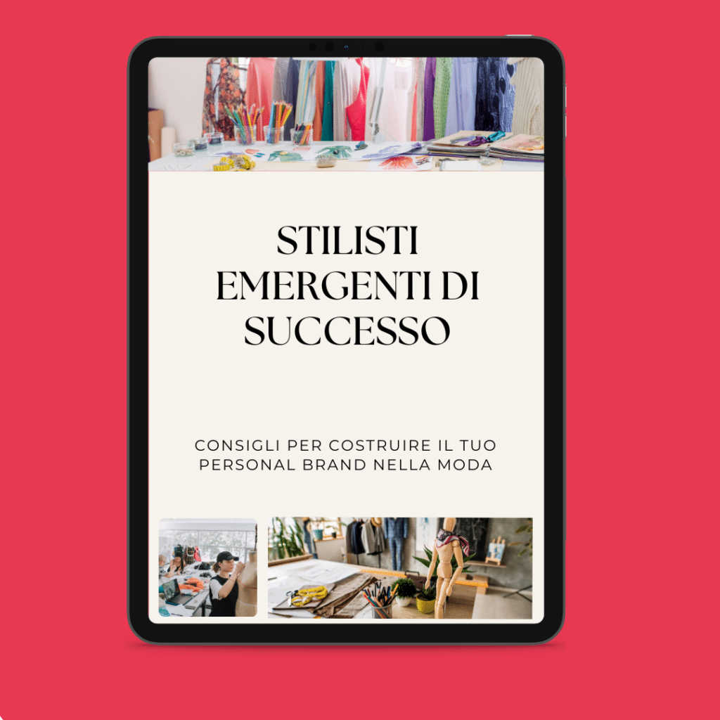 Ein E-Book mit dem Titel "Successful Emerging Designers" (Erfolgreiche aufstrebende Designer) wird auf einem Tablet-Bildschirm angezeigt. Es enthält Tipps für den Aufbau einer persönlichen Marke in der Modebranche, Fotos von Designern und Modeartikeln auf rotem Hintergrund sowie Einblicke in die besten Methoden der Modeproduktion.