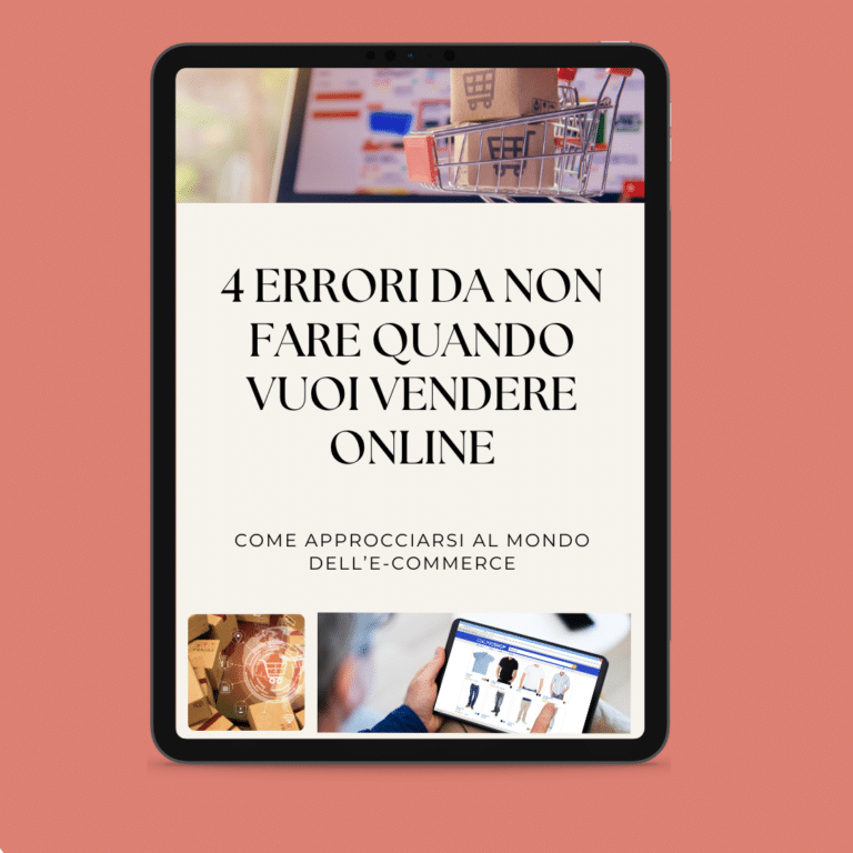Ein Tablet mit einem Leitfaden für den elektronischen Handel in italienischer Sprache mit dem Titel "4 Fehler, die man nicht machen sollte, wenn man online verkaufen will" mit Bildern von Online-Einkäufen und den besten Methoden zur Verkaufsförderung.