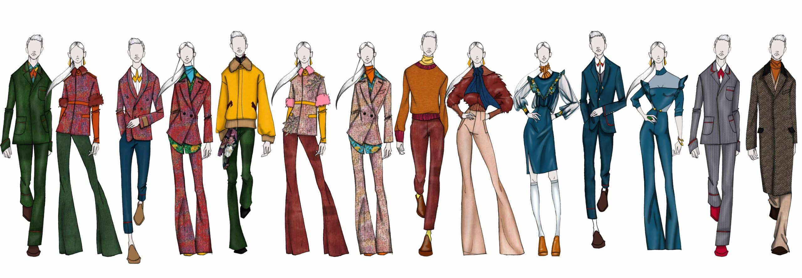 A group of mannequins dressed in different colours testify to the creativity of Graphic Design and Stylistics.