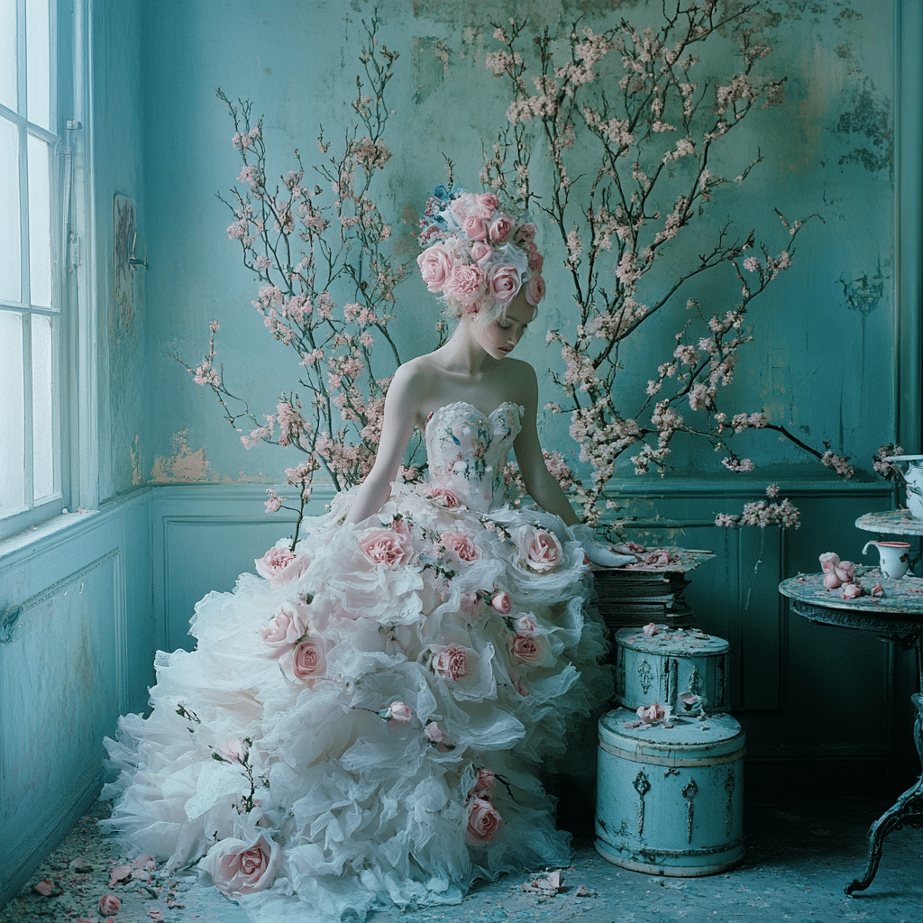 A woman in an elaborate dress decorated with pink roses poses for a fashion photo session in a period room, surrounded by flowering branches and pastel-coloured furniture.